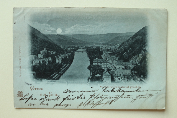 Postcard Moonlight PC Bad Ems 1898 streets bridge Town architecture Rheinland Pfalz